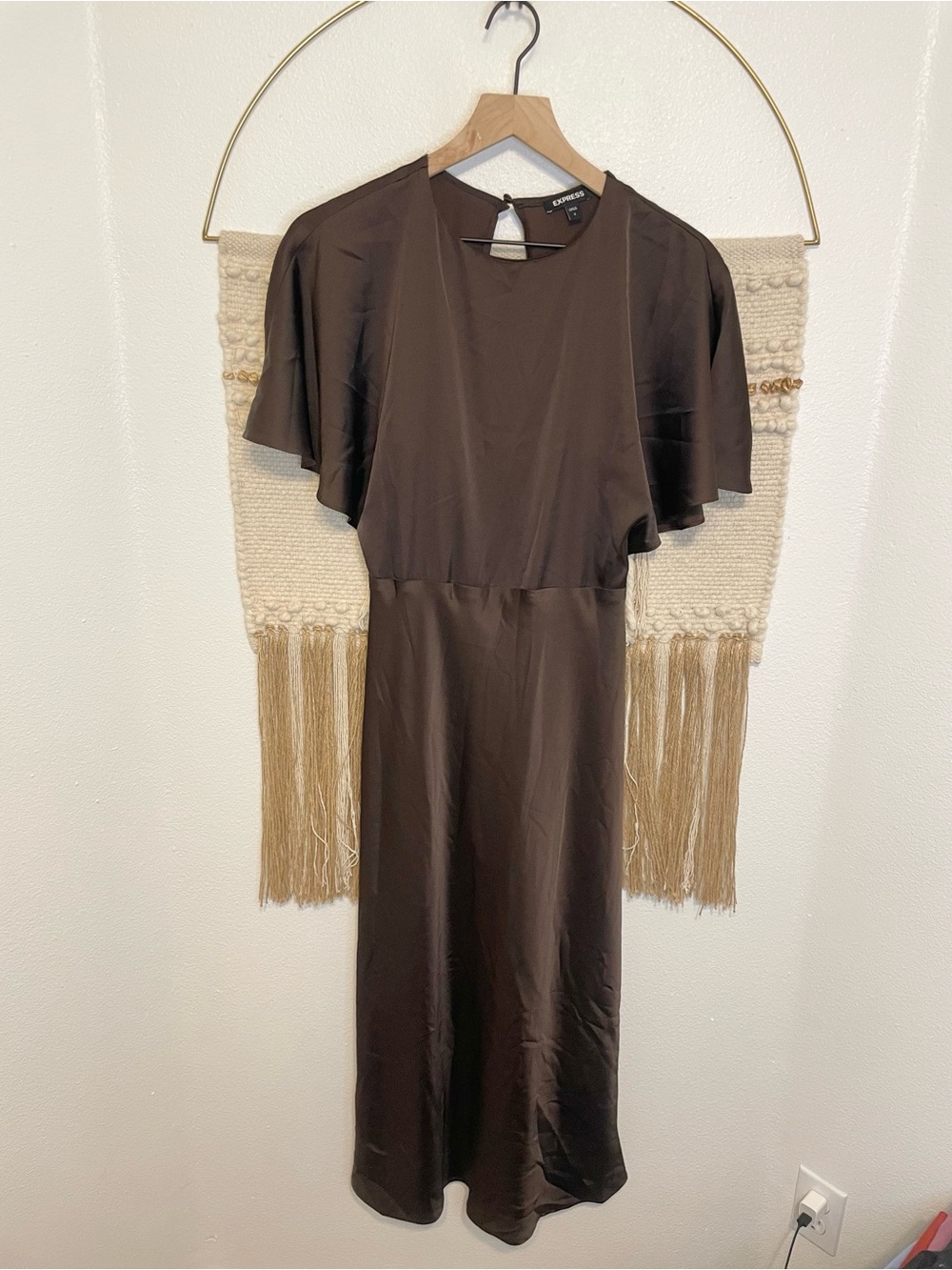 Express Chocolate Brown Flutter Sleeve Keyhole Midi Dress S